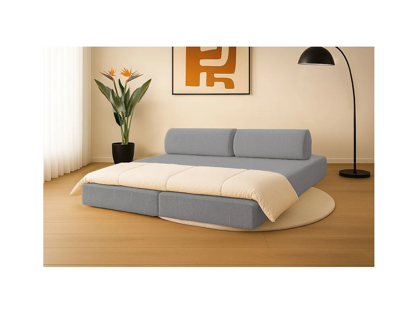 Canapé droit modulable et convertible 3 places - Velours côtelé - Gris clair