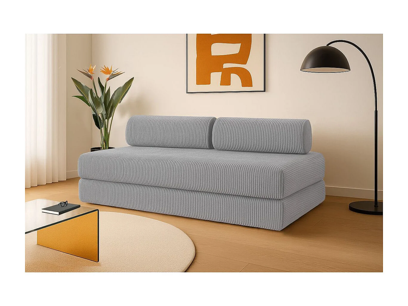 Canapé droit modulable et convertible 3 places - Velours côtelé - Gris clair