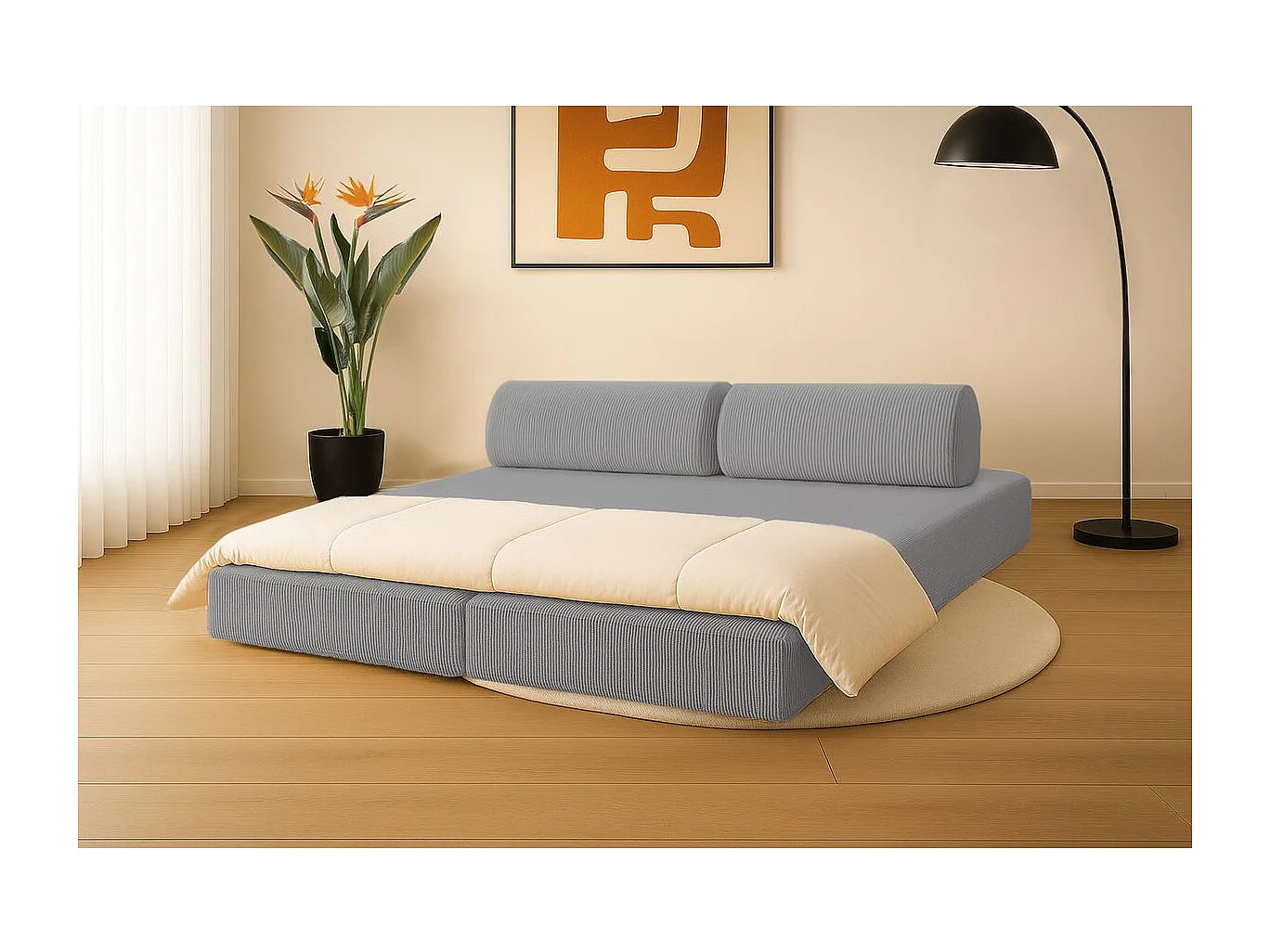 Canapé droit modulable et convertible 3 places - Velours côtelé - Gris clair