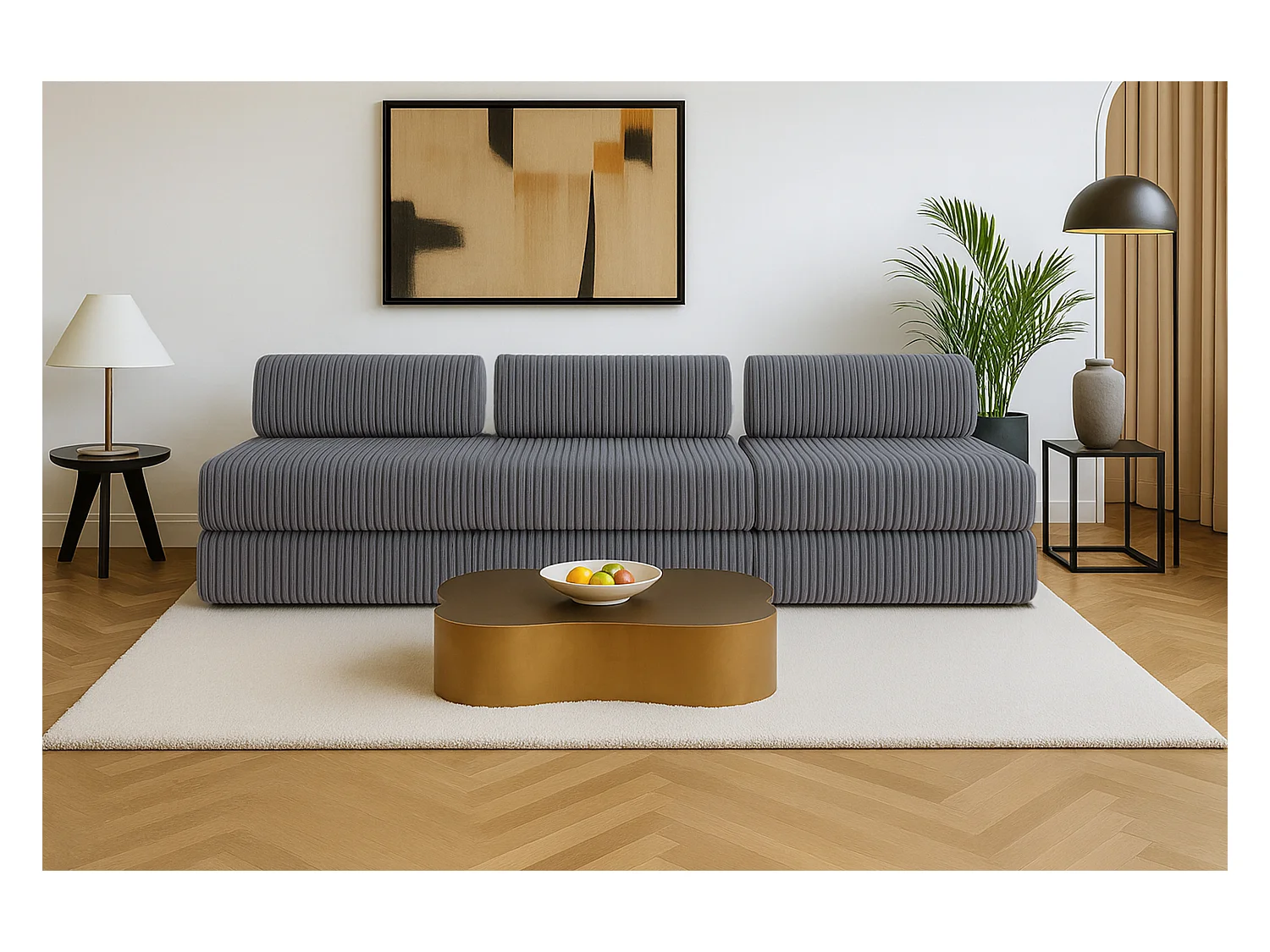 Canapé droit modulable et convertible 4 places - Velours côtelé XL - Gris