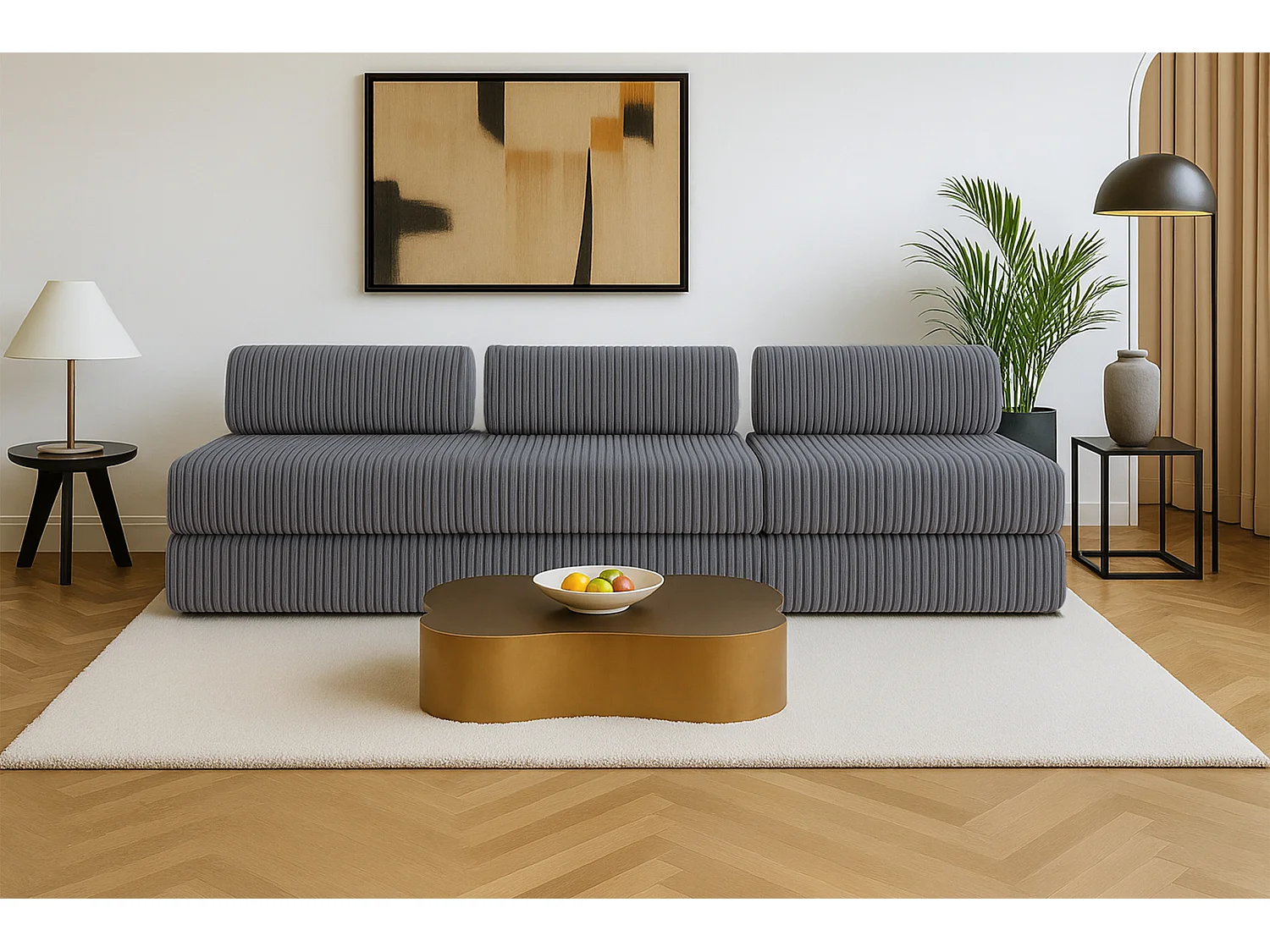 Canapé droit modulable et convertible 4 places - Velours côtelé XL - Gris