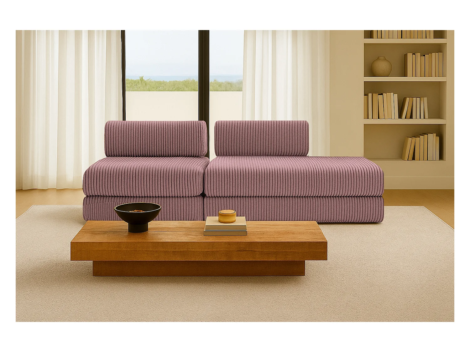 Canapé droit modulable et convertible 3 places - Velours côtelé XL - Rose