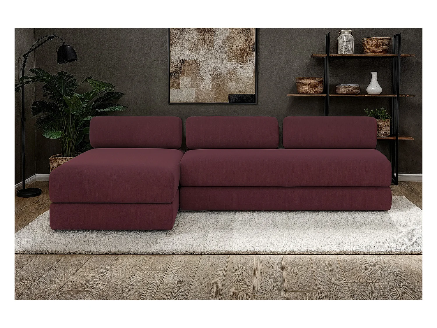 Canapé d'angle modulable et convertible 6 places - Tissu lisse - Rouge