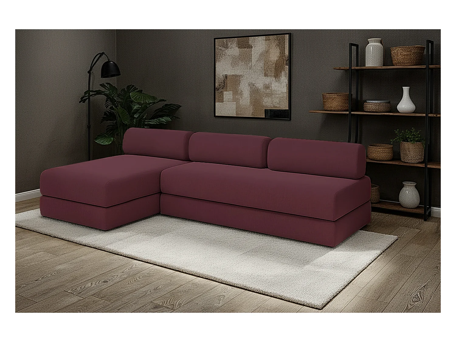 Canapé d'angle modulable et convertible 6 places - Tissu lisse - Rouge