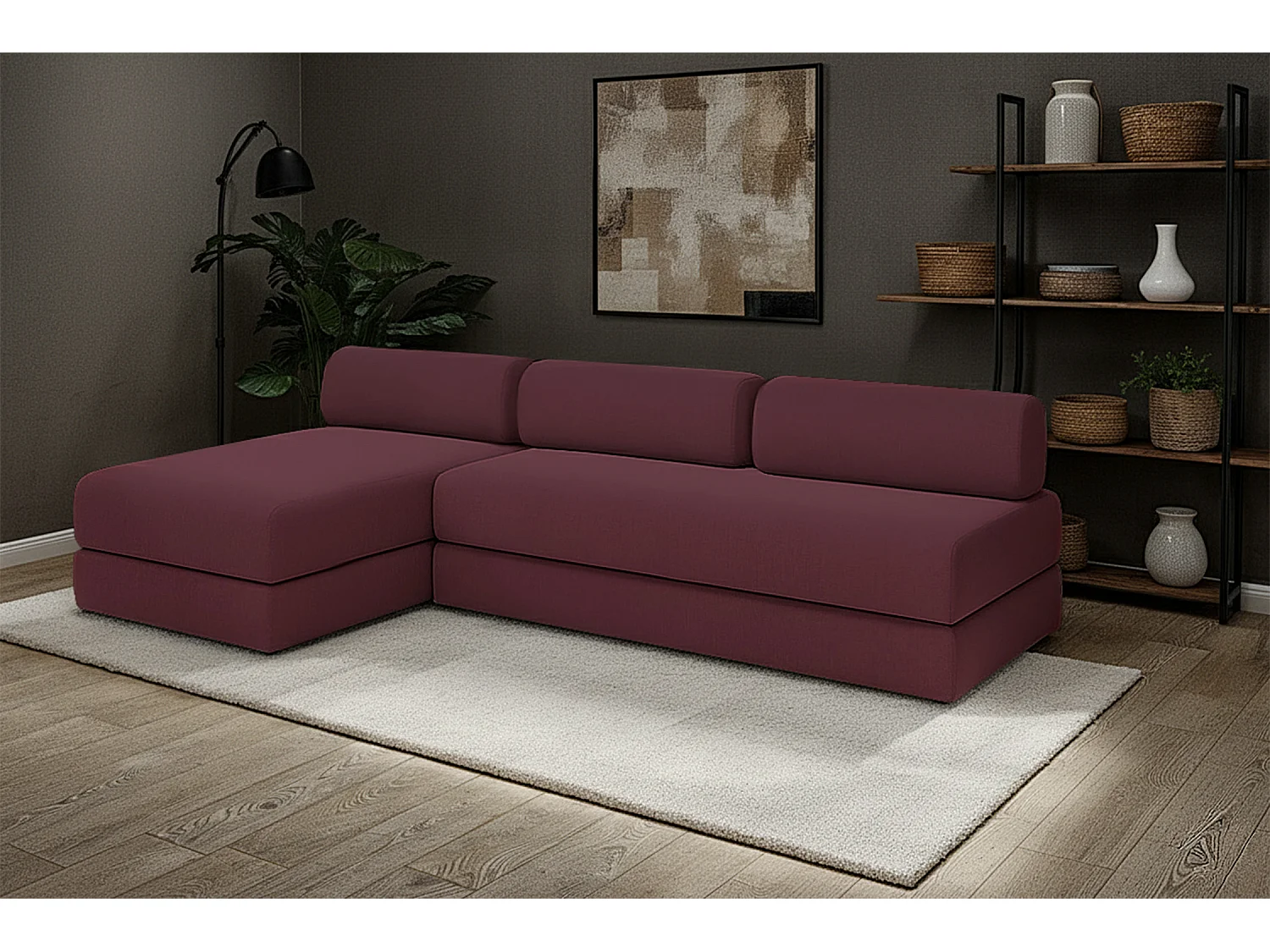 Canapé d'angle modulable et convertible 6 places - Tissu lisse - Rouge