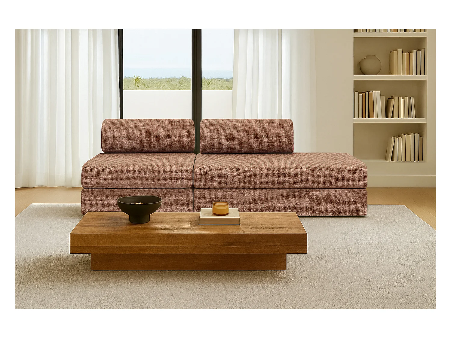 Canapé droit modulable et convertible 3 places - Tissu tweed - Rouge