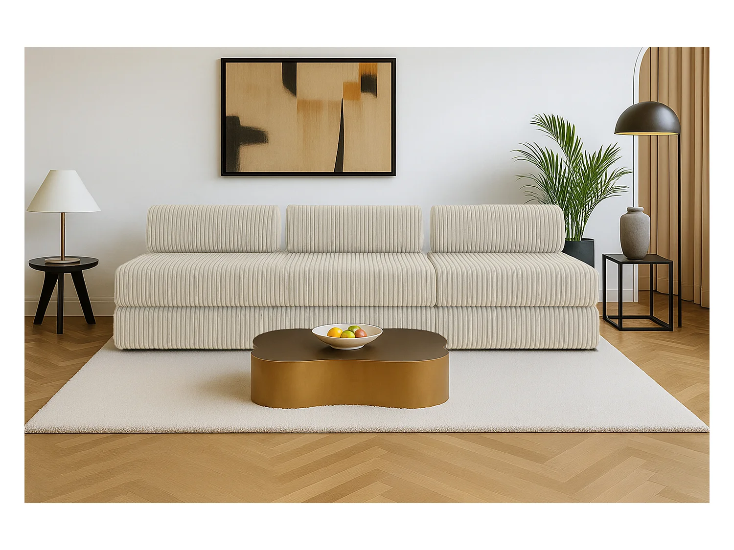 Canapé droit modulable et convertible 4 places - Velours côtelé XL - Beige