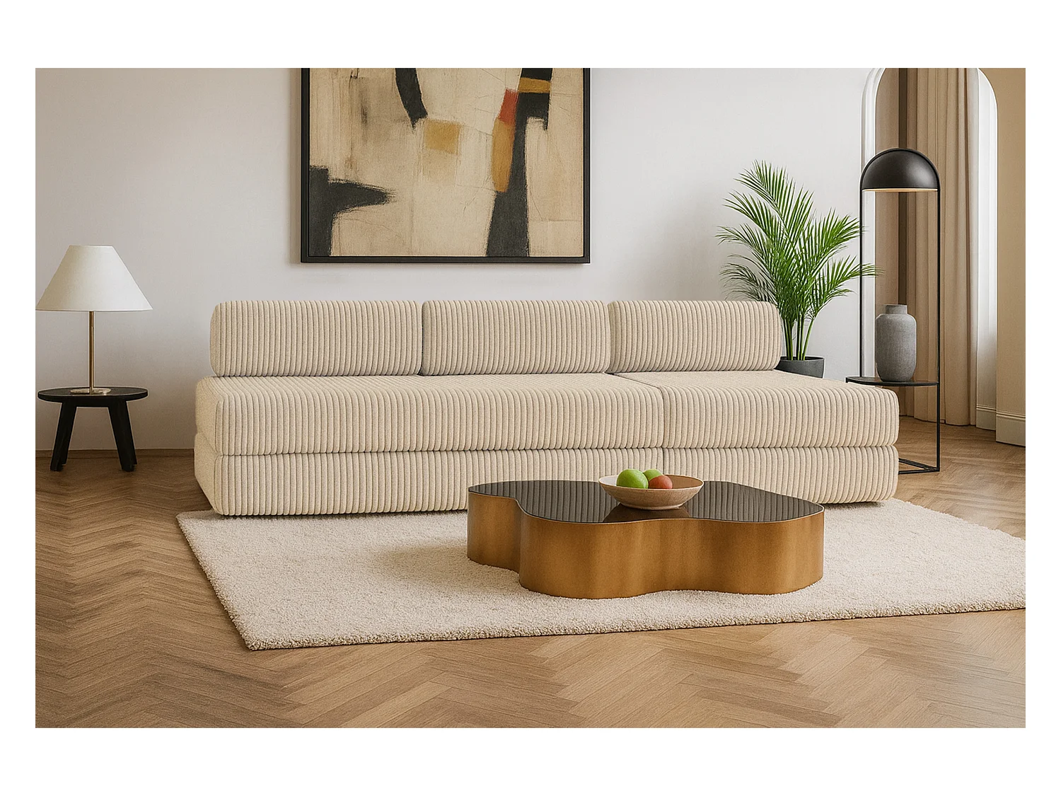 Canapé droit modulable et convertible 4 places - Velours côtelé XL - Beige