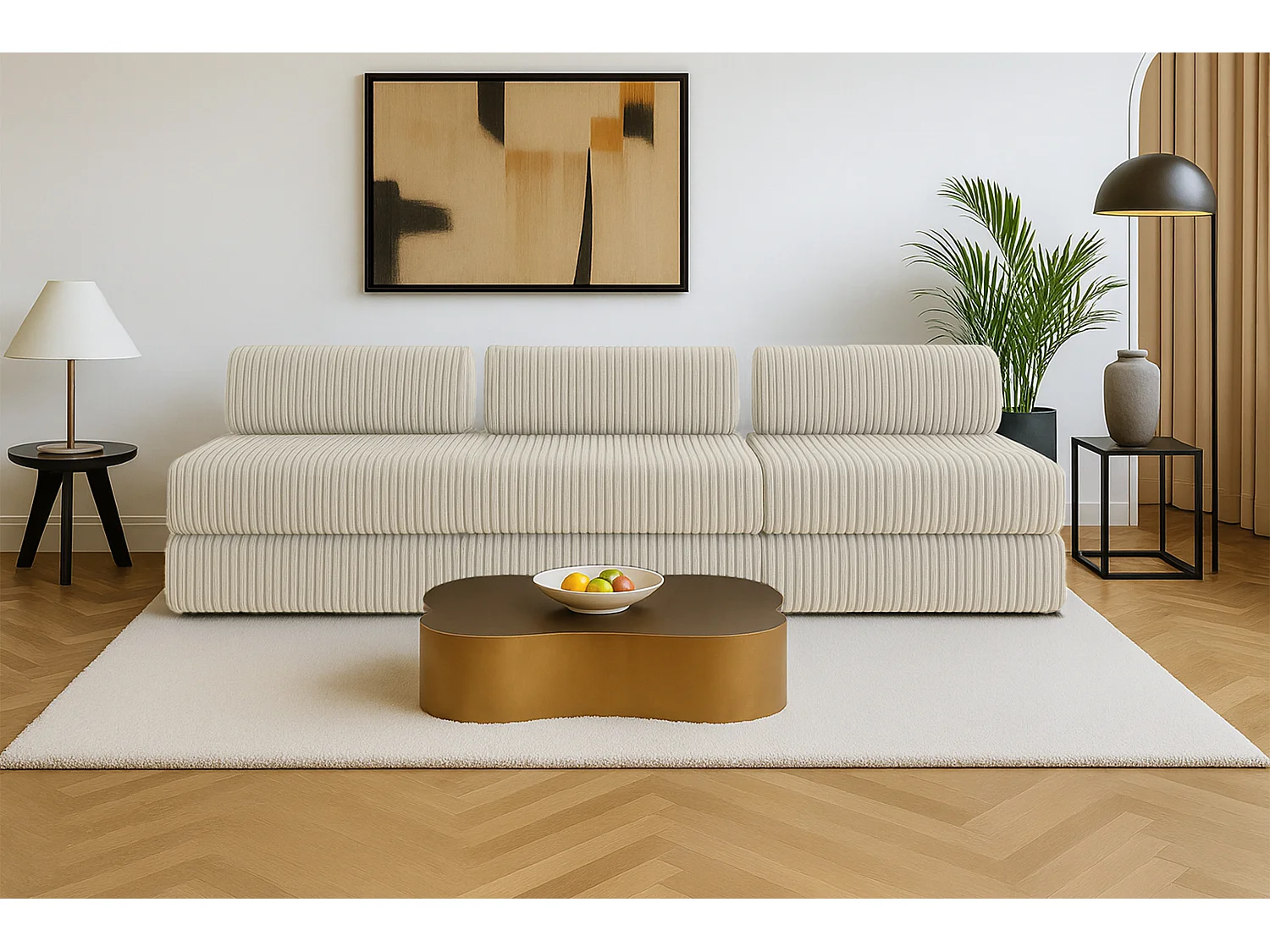 Canapé droit modulable et convertible 4 places - Velours côtelé XL - Beige