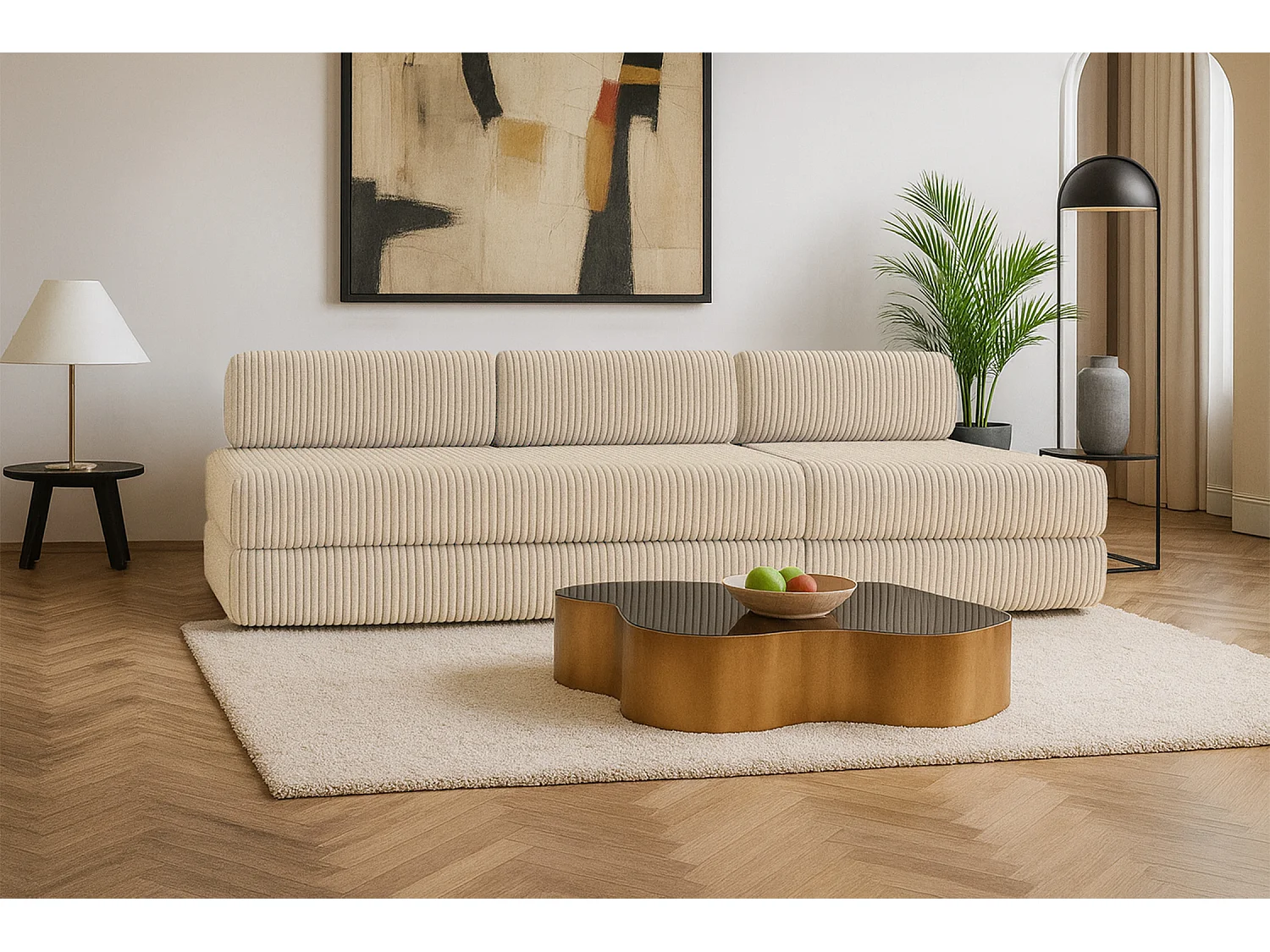 Canapé droit modulable et convertible 4 places - Velours côtelé XL - Beige