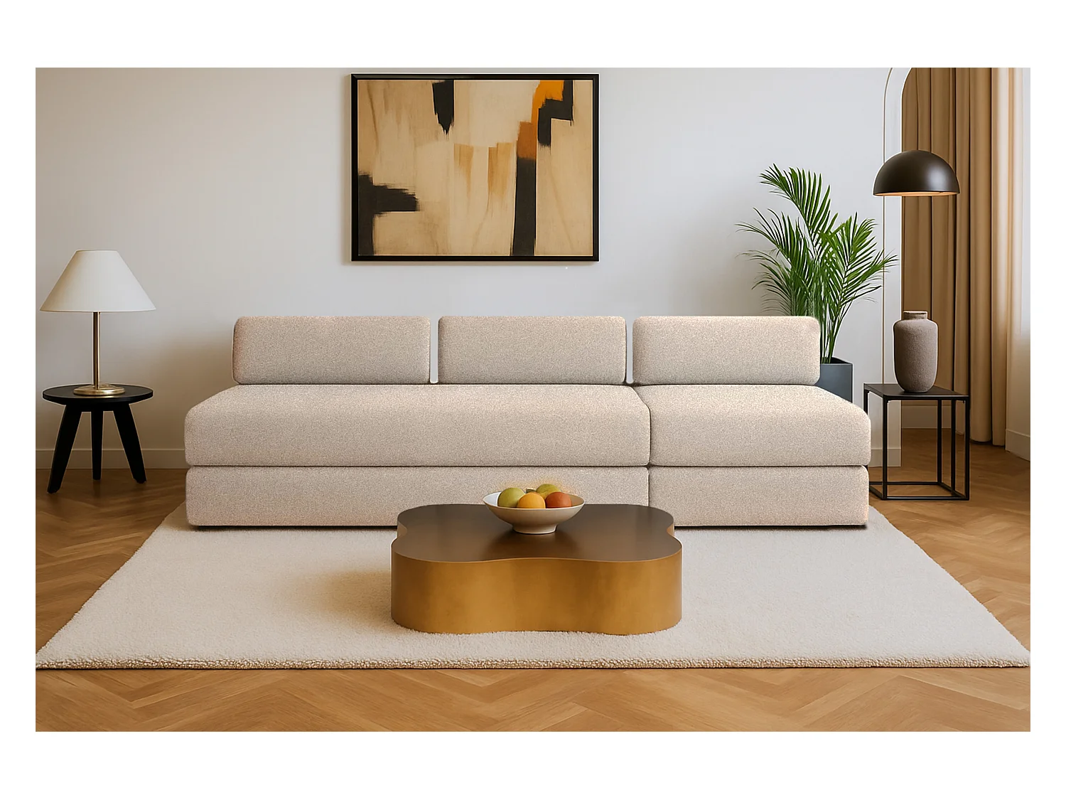 Canapé droit modulable et convertible 4 places - Tissu lisse - Beige