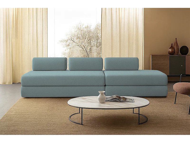 Canapé droit modulable et convertible 5 places - Tissu lisse - Bleu vert