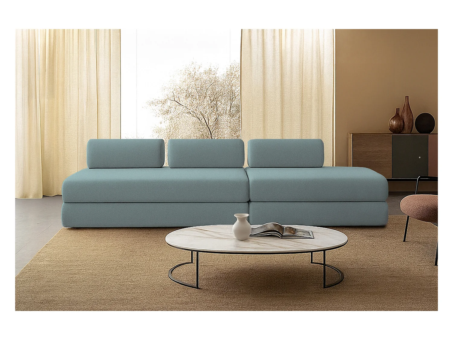 Canapé droit modulable et convertible 5 places - Tissu lisse - Bleu vert