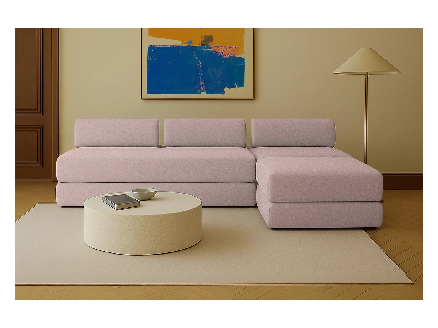 Canapé d'angle modulable et convertible 6 places - Tissu lisse - Rose