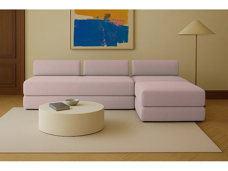 Canapé d'angle modulable et convertible 6 places - Tissu lisse - Rose
