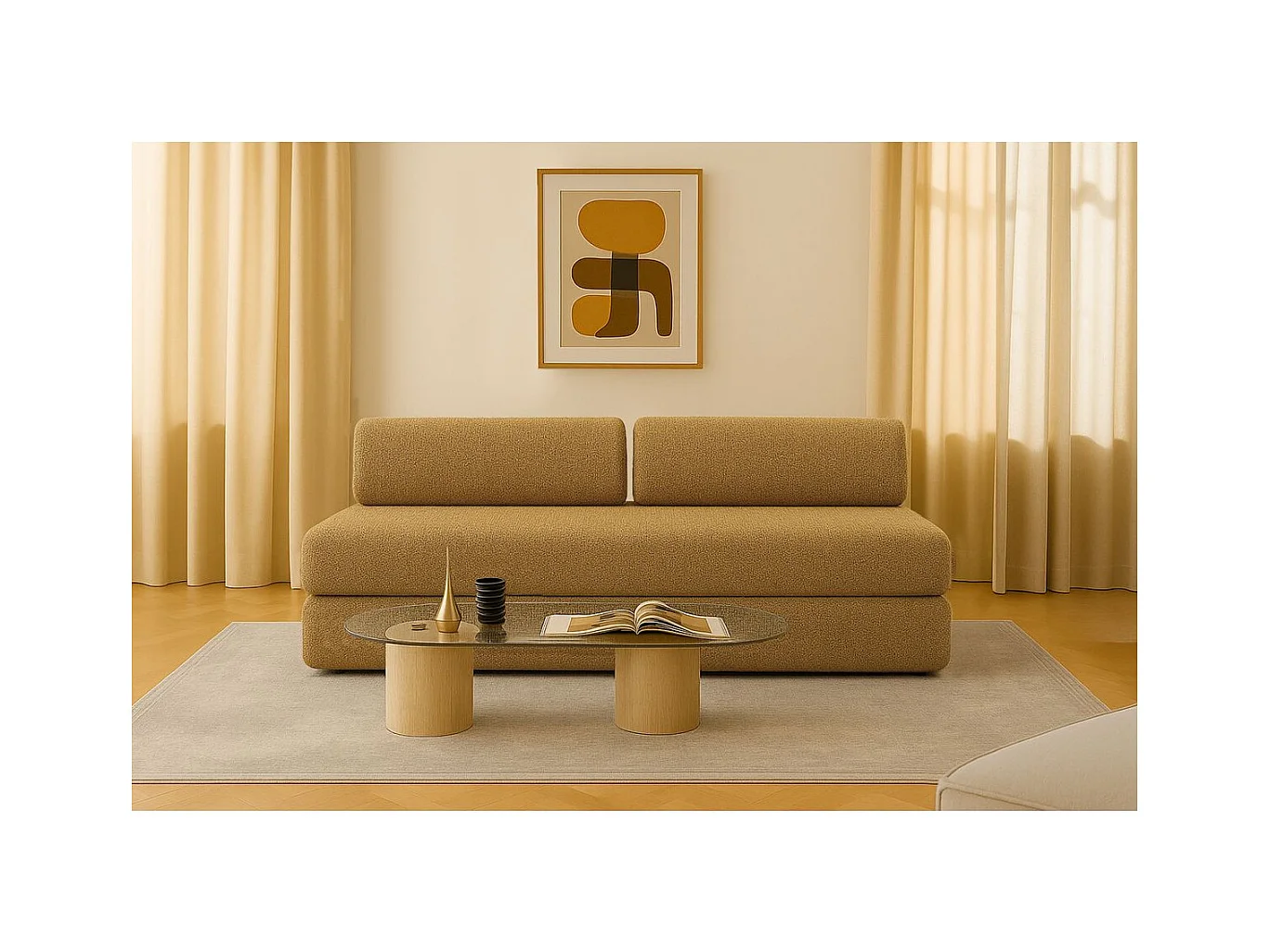 Canapé droit modulable et convertible 3 places - Tissu tweed - Jaune