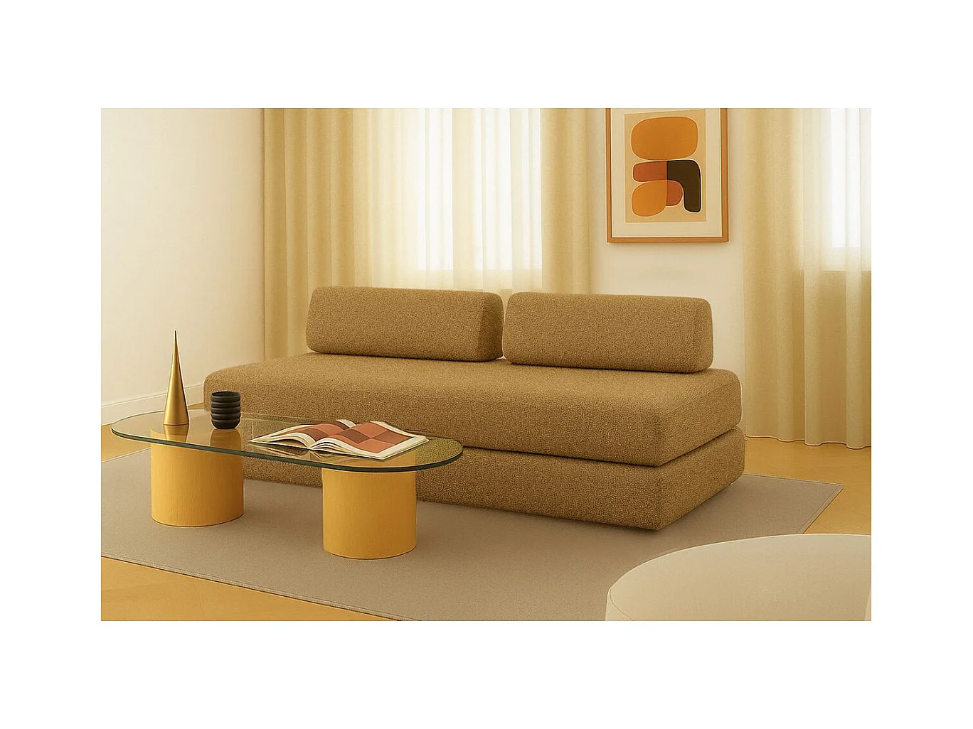 Canapé droit modulable et convertible 3 places - Tissu tweed - Jaune