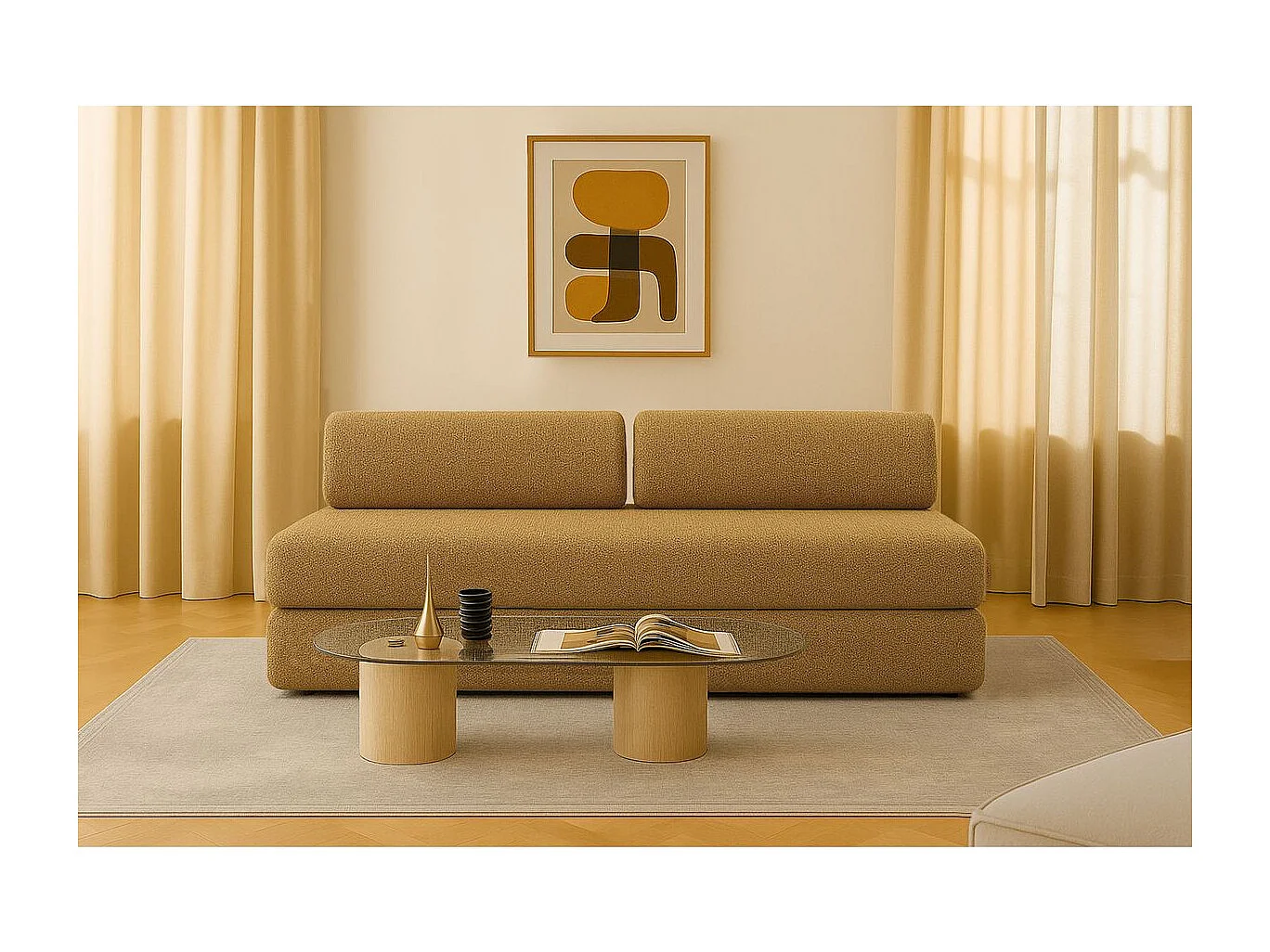 Canapé droit modulable et convertible 3 places - Tissu tweed - Jaune