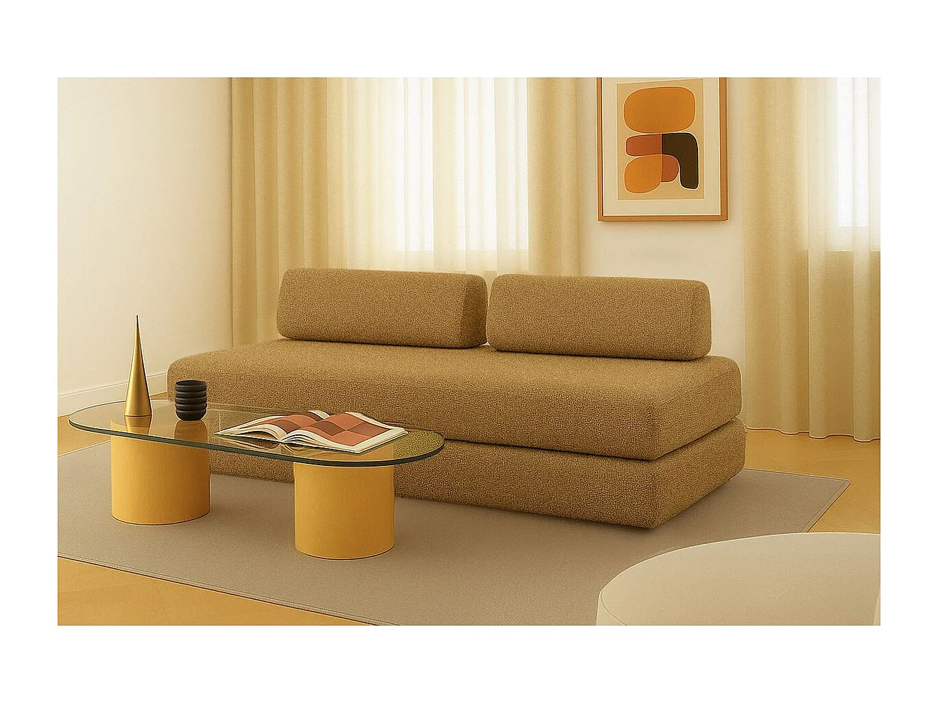 Canapé droit modulable et convertible 3 places - Tissu tweed - Jaune