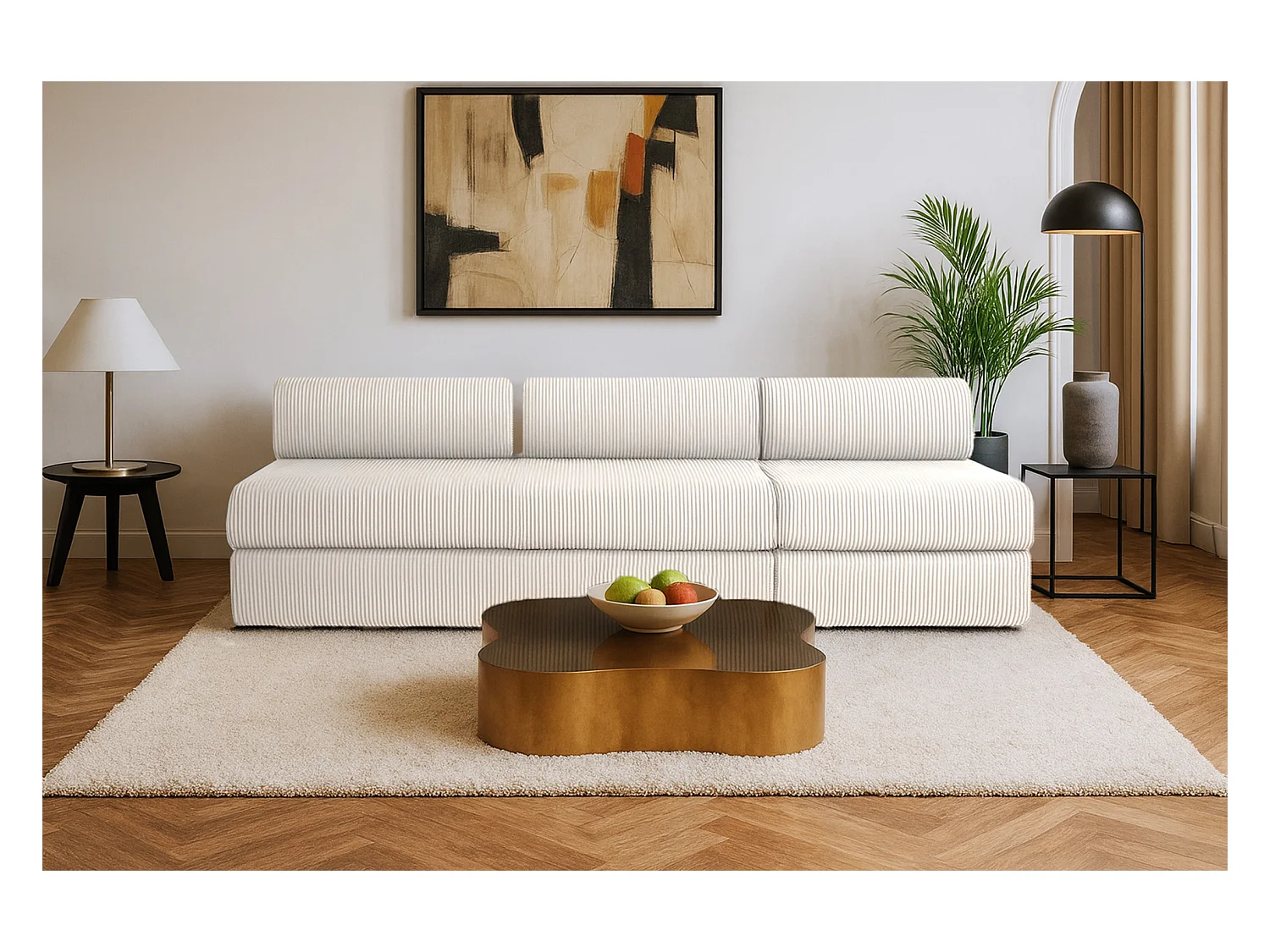 Canapé droit modulable et convertible 4 places - Velours côtelé - Blanc