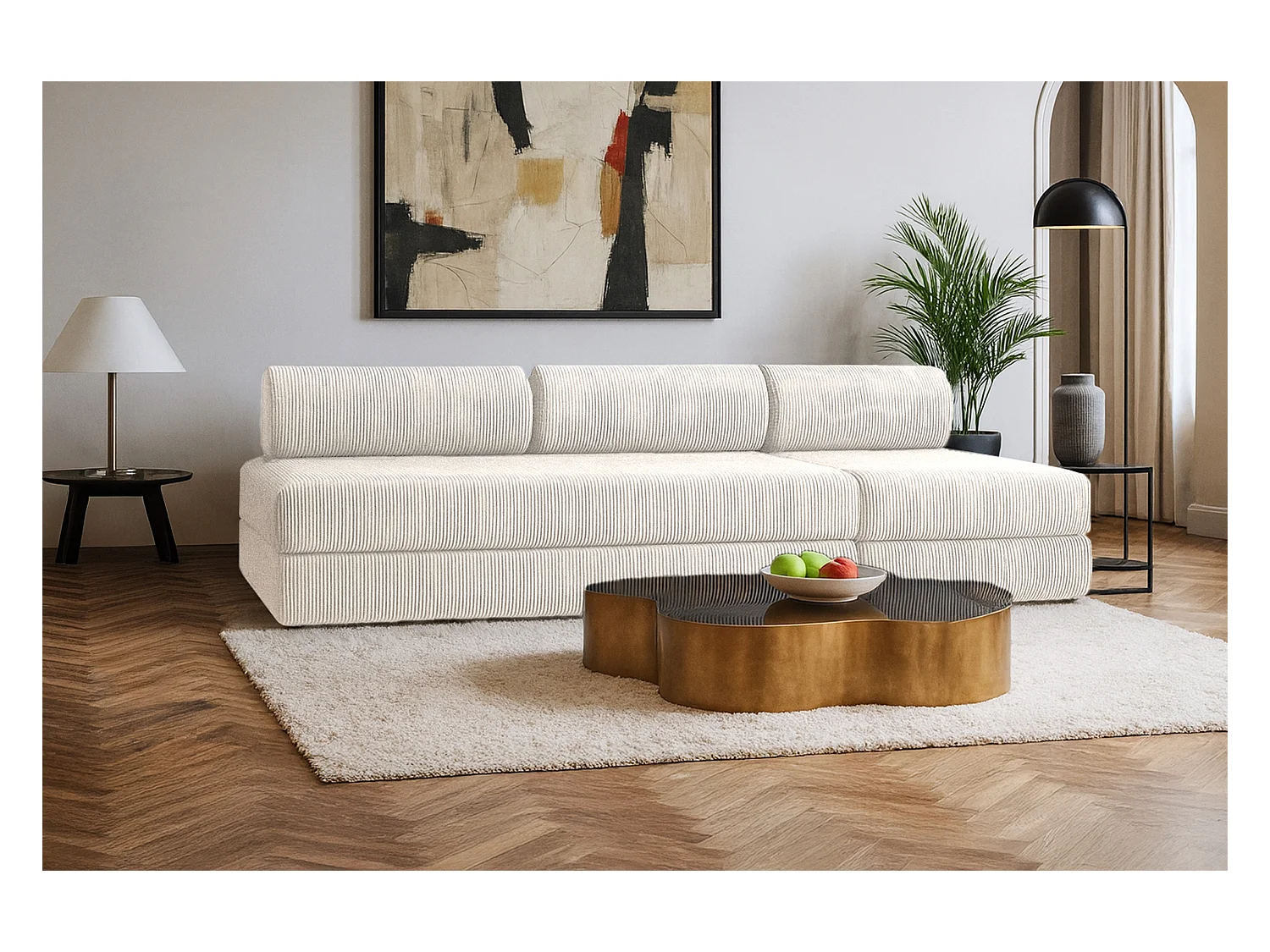 Canapé droit modulable et convertible 4 places - Velours côtelé - Blanc