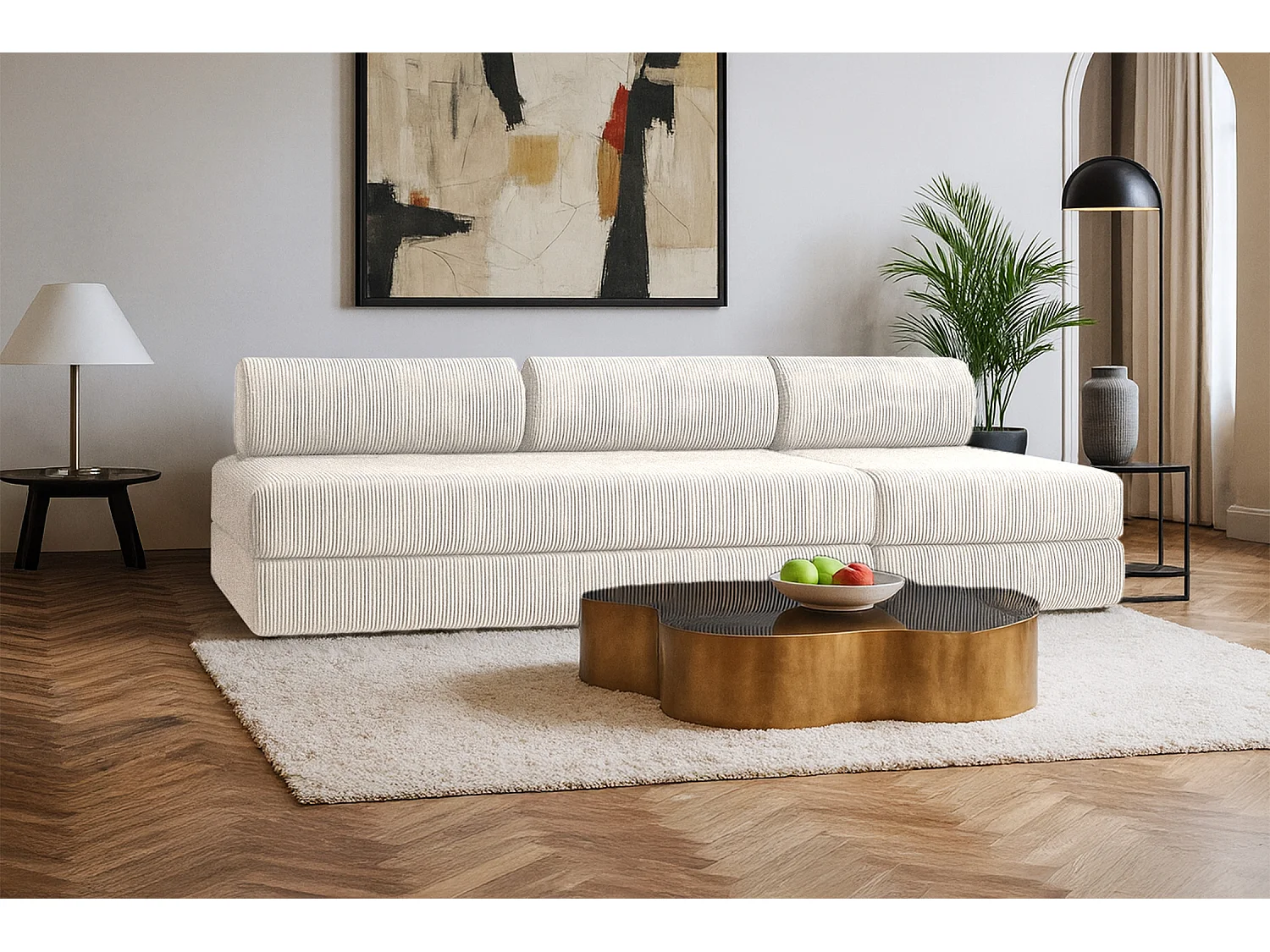 Canapé droit modulable et convertible 4 places - Velours côtelé - Blanc