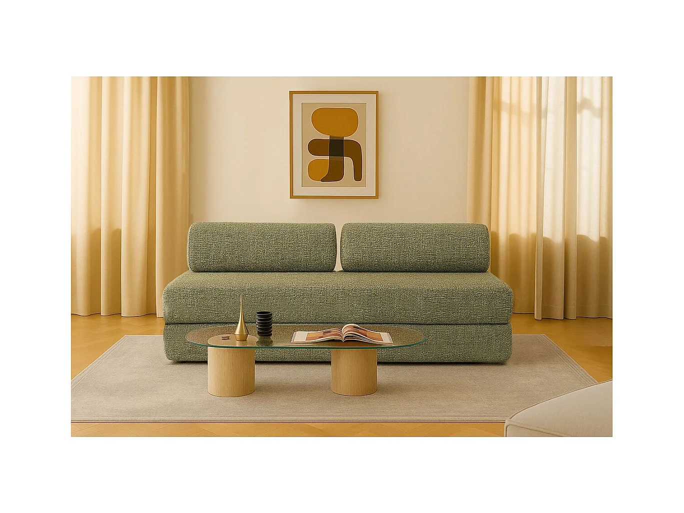 Canapé droit modulable et convertible 3 places - Tissu tweed - Vert