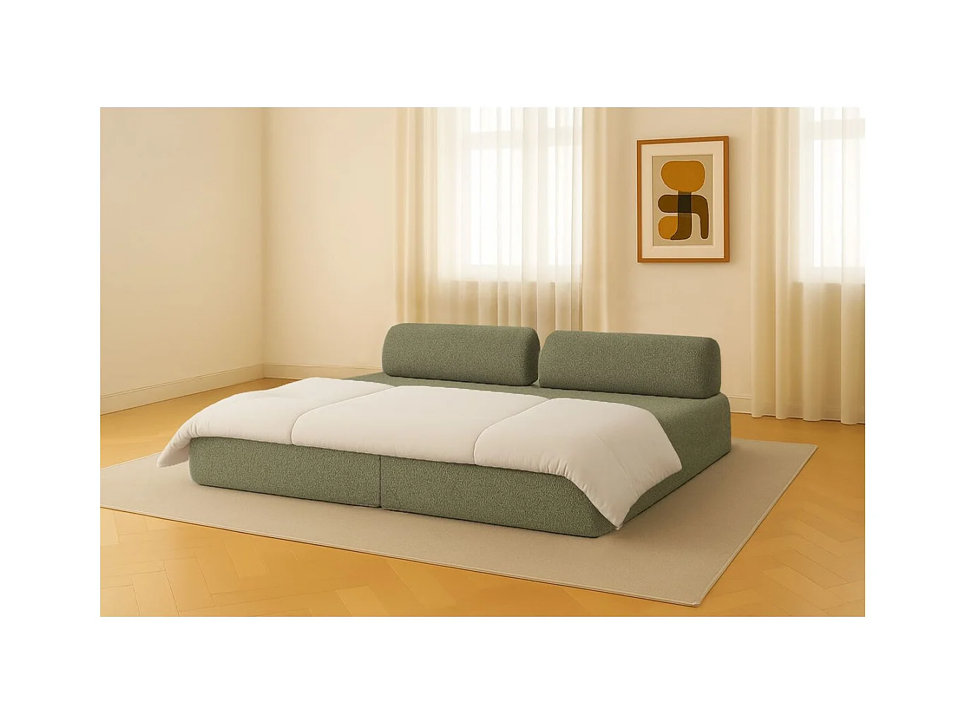 Canapé droit modulable et convertible 3 places - Tissu tweed - Vert