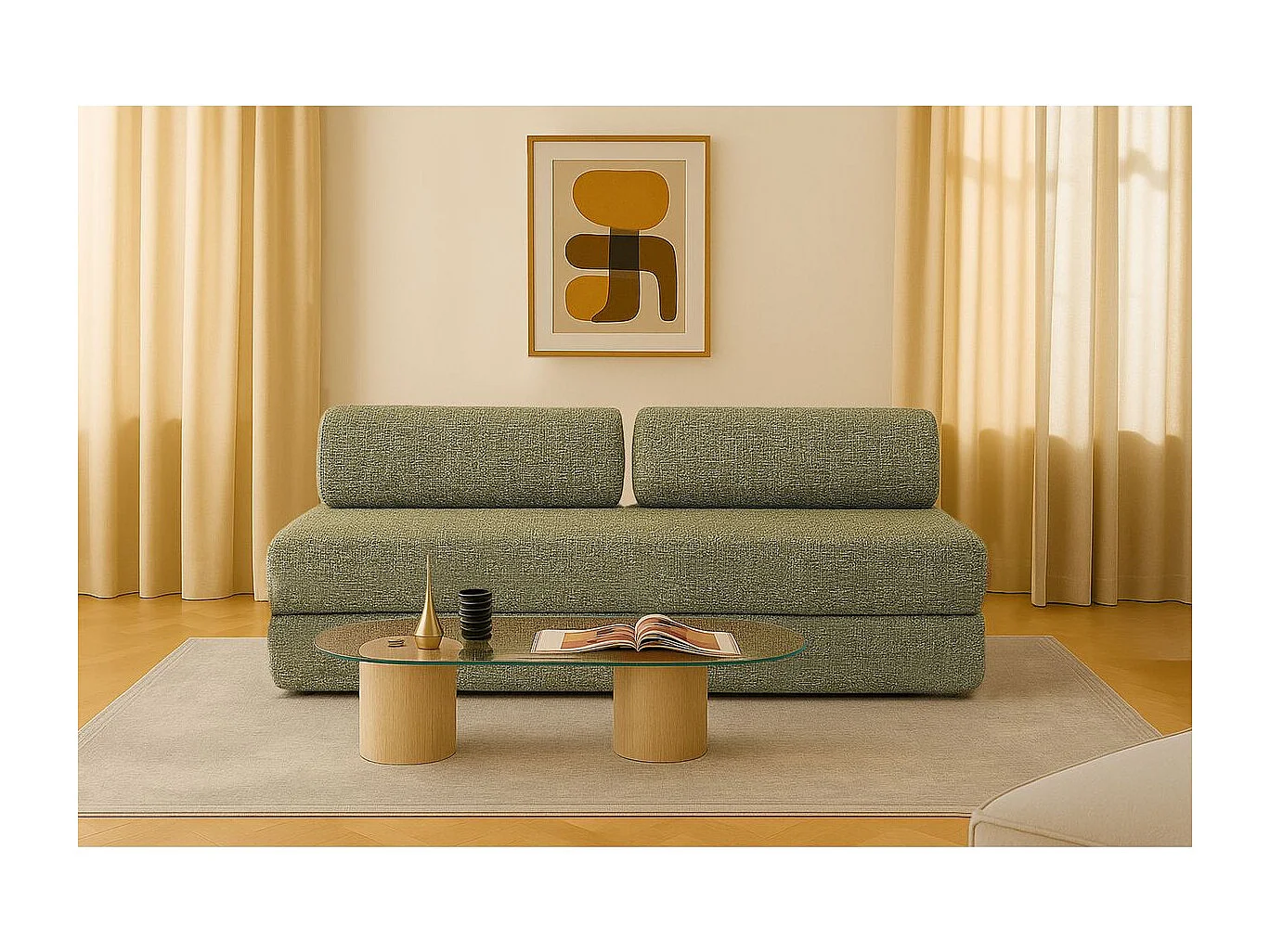 Canapé droit modulable et convertible 3 places - Tissu tweed - Vert