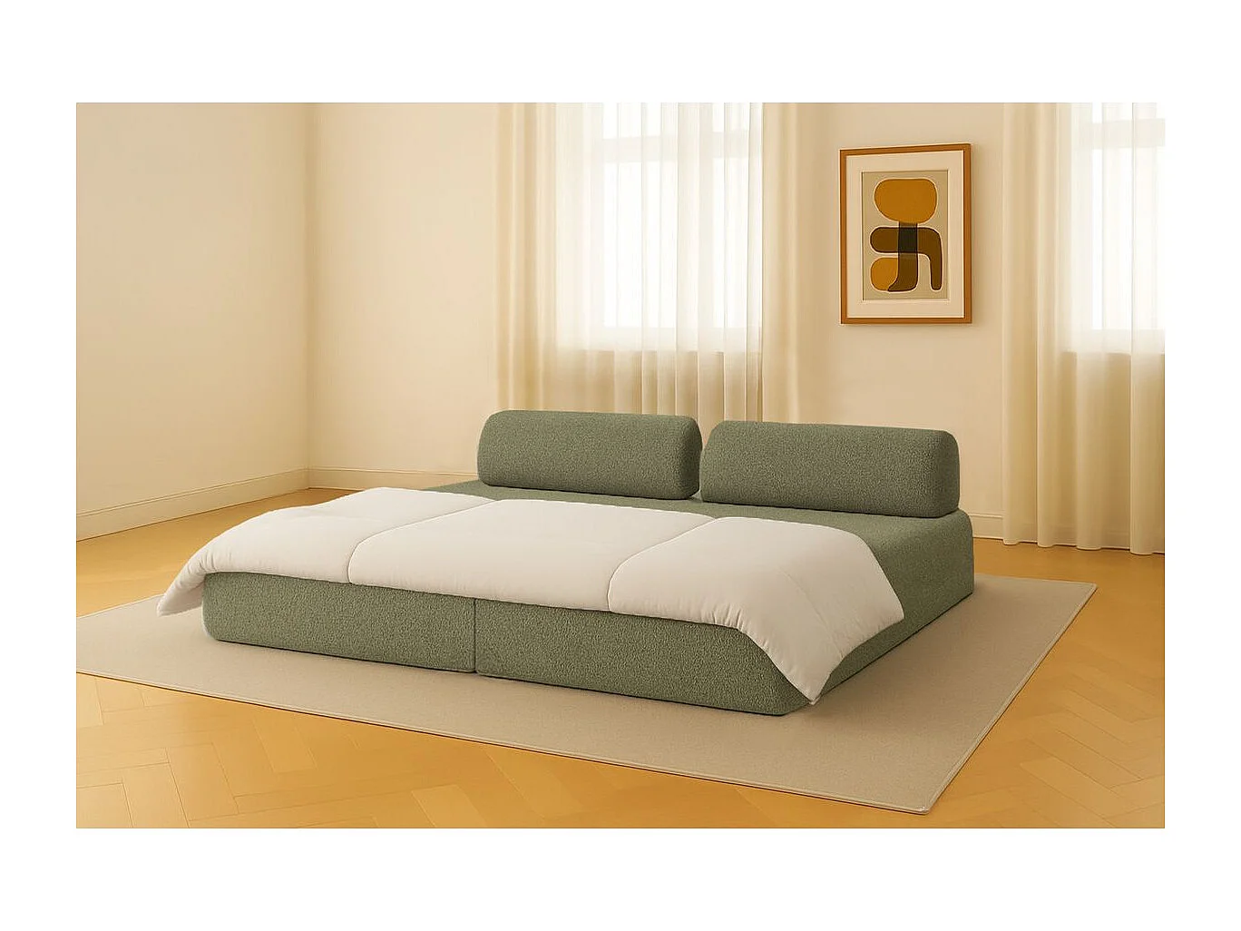 Canapé droit modulable et convertible 3 places - Tissu tweed - Vert