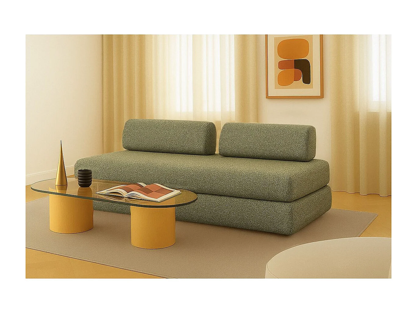 Canapé droit modulable et convertible 3 places - Tissu tweed - Vert