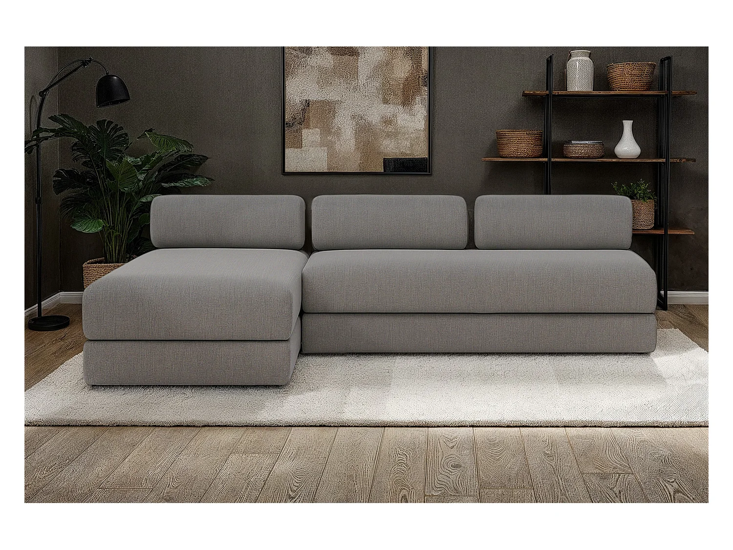 Canapé d'angle modulable et convertible 6 places - Tissu lisse - Gris