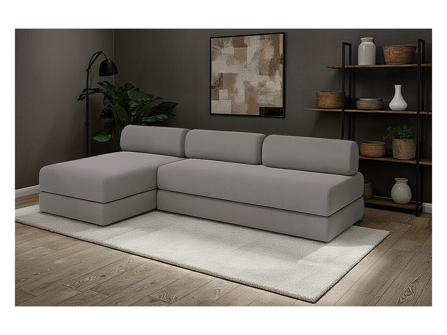 Canapé d'angle modulable et convertible 6 places - Tissu lisse - Gris