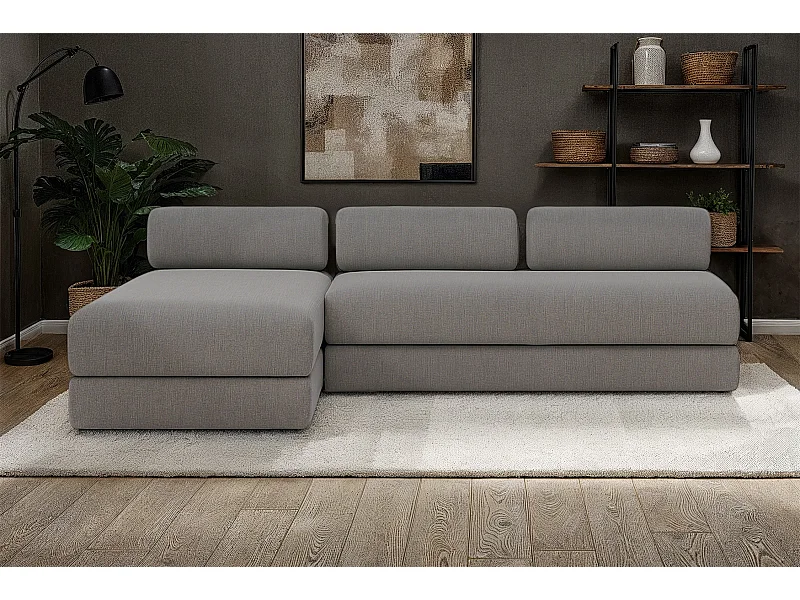 Canapé d'angle modulable et convertible 6 places - Tissu lisse - Gris