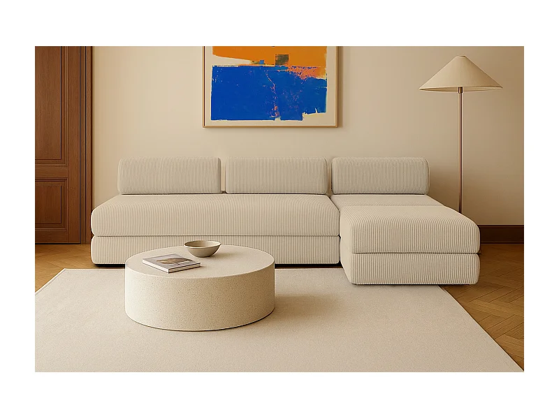 Canapé d'angle modulable et convertible 6 places - Velours côtelé - Beige