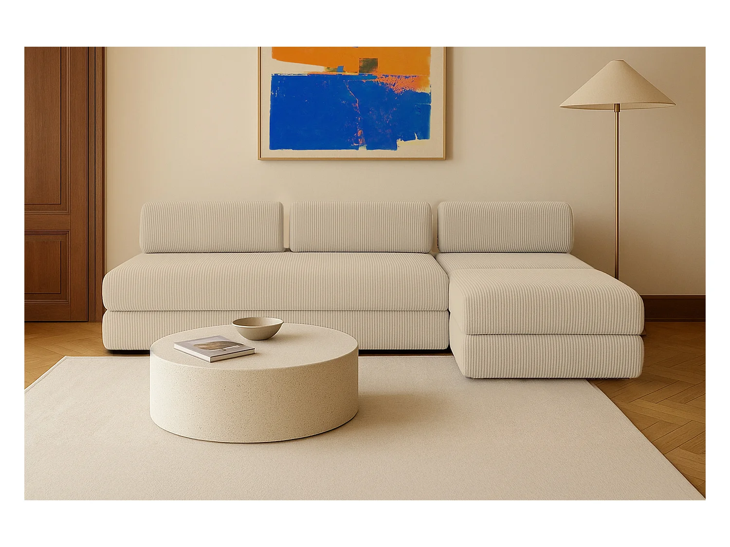 Canapé d'angle modulable et convertible 6 places - Velours côtelé - Beige