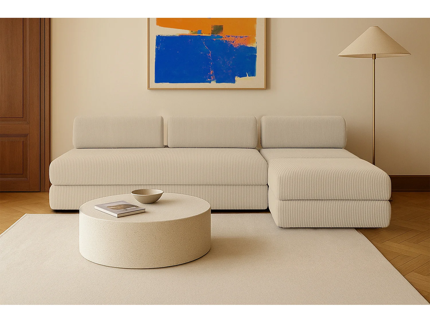 Canapé d'angle modulable et convertible 6 places - Velours côtelé - Beige