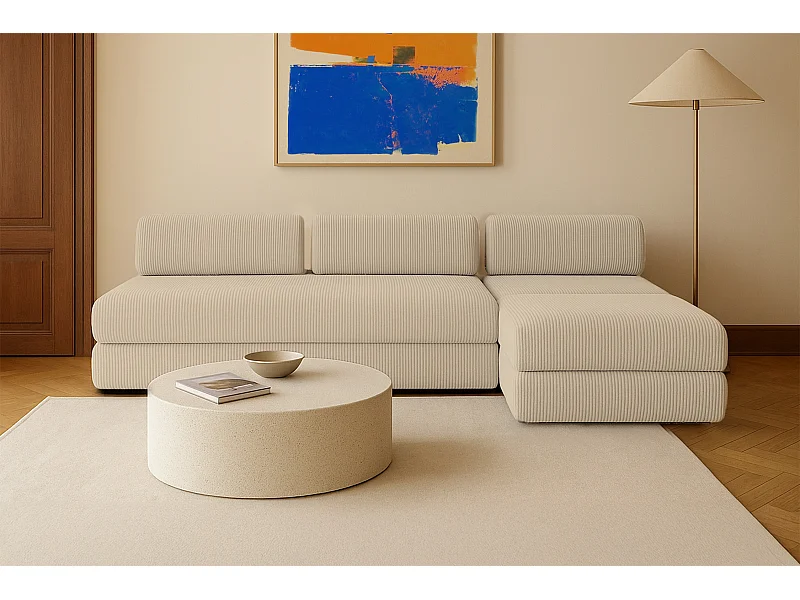 Canapé d'angle modulable et convertible 6 places - Velours côtelé - Beige