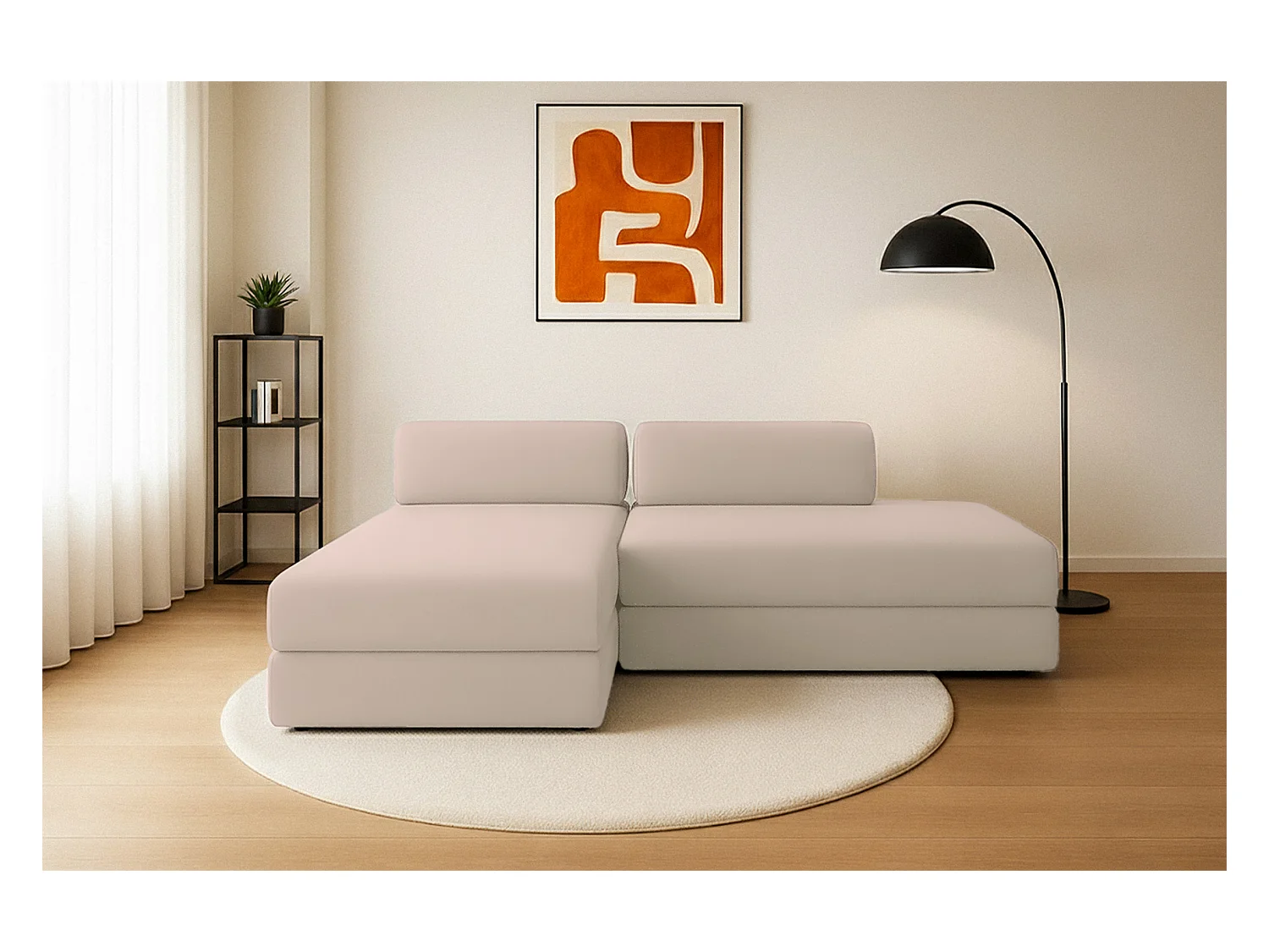 Canapé d'angle modulable et convertible 5 places - Tissu lisse - Beige