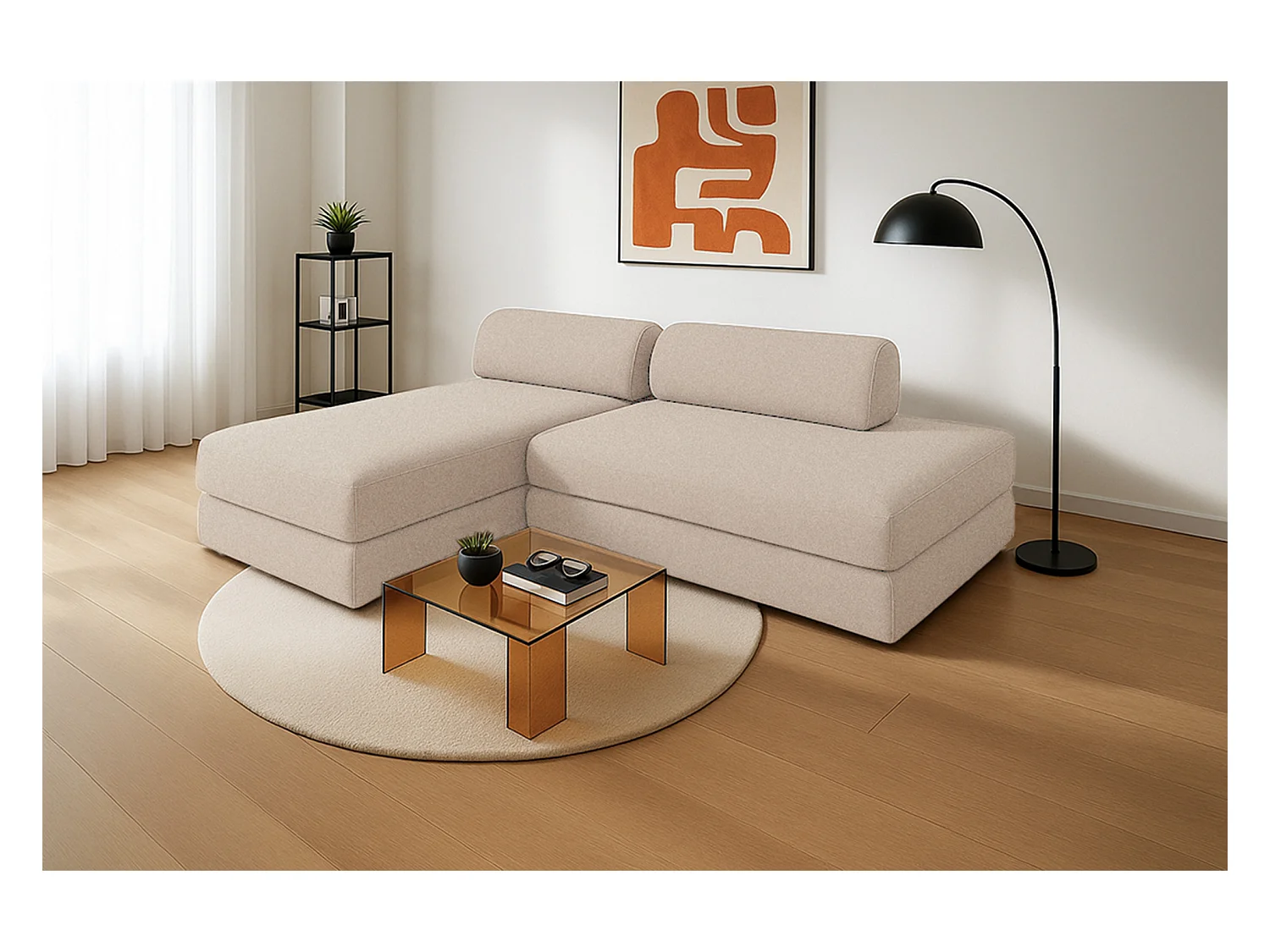 Canapé d'angle modulable et convertible 5 places - Tissu lisse - Beige