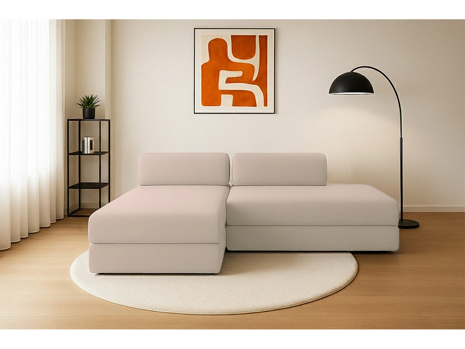 Canapé d'angle modulable et convertible 5 places - Tissu lisse - Beige