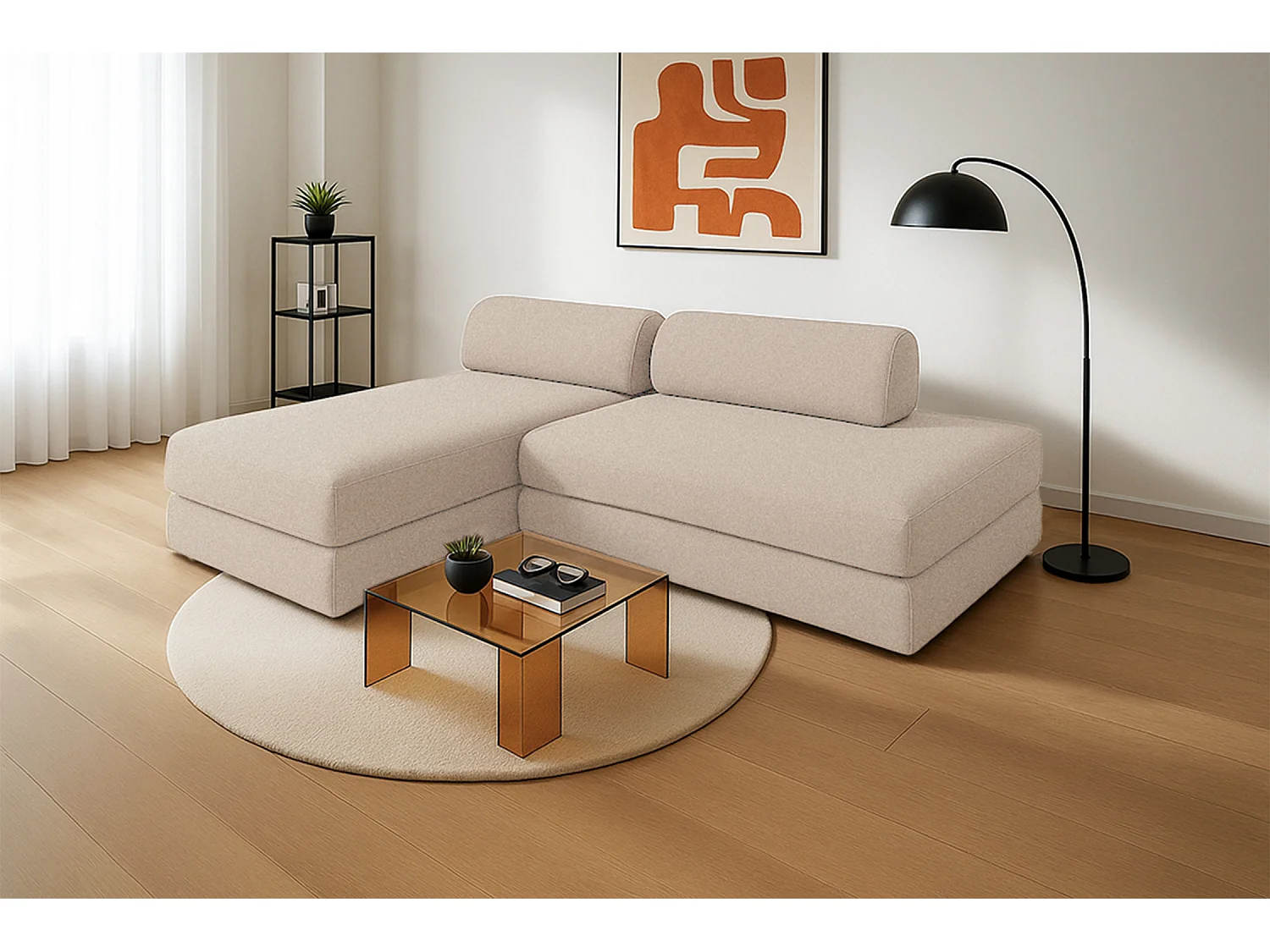 Canapé d'angle modulable et convertible 5 places - Tissu lisse - Beige