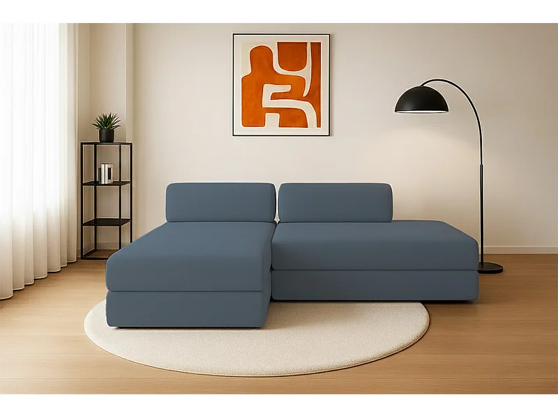 Canapé d'angle modulable et convertible 5 places - Tissu lisse - Bleu