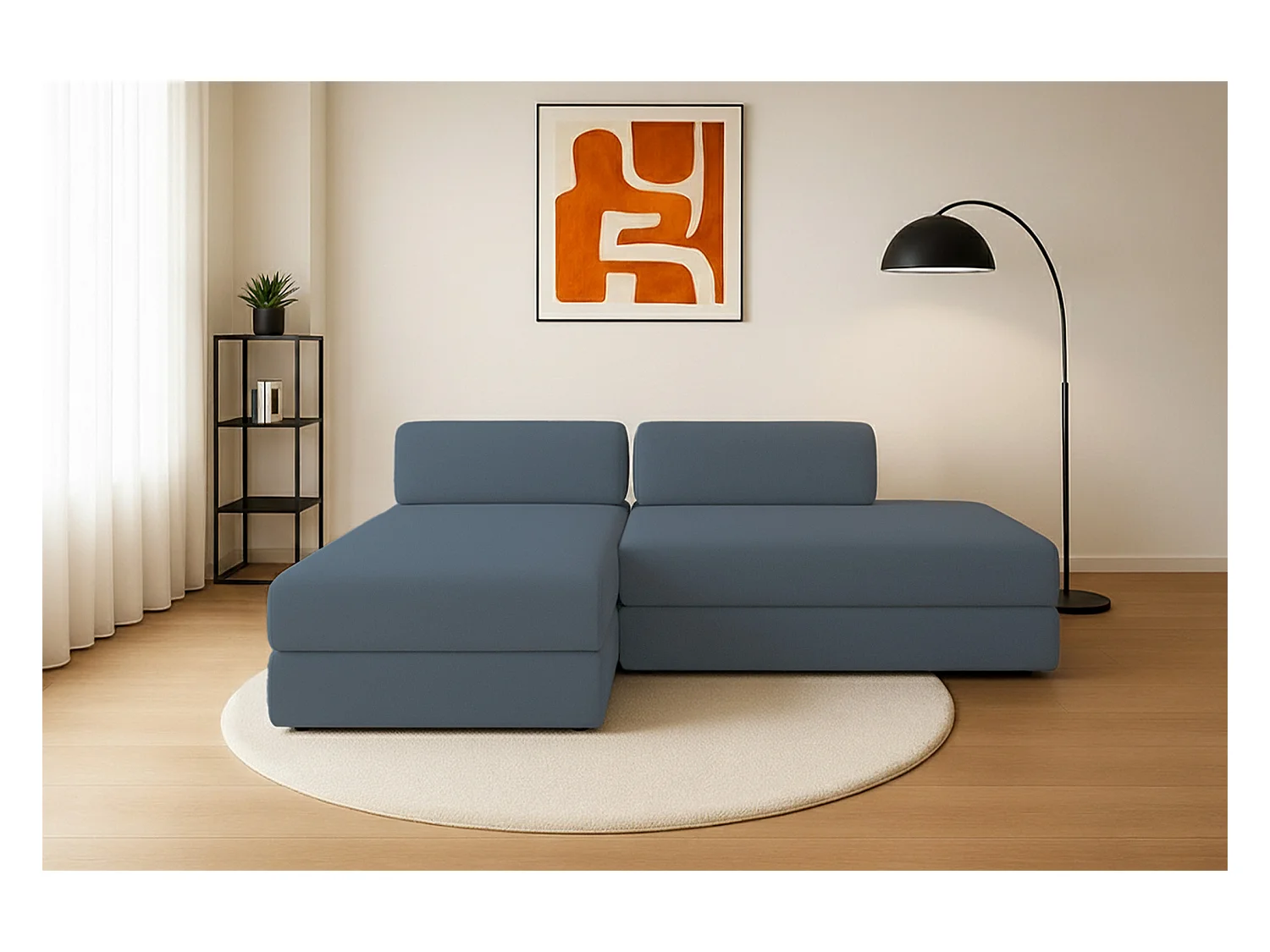 Canapé d'angle modulable et convertible 5 places - Tissu lisse - Bleu