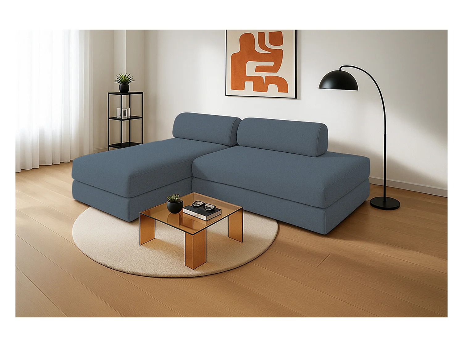 Canapé d'angle modulable et convertible 5 places - Tissu lisse - Bleu