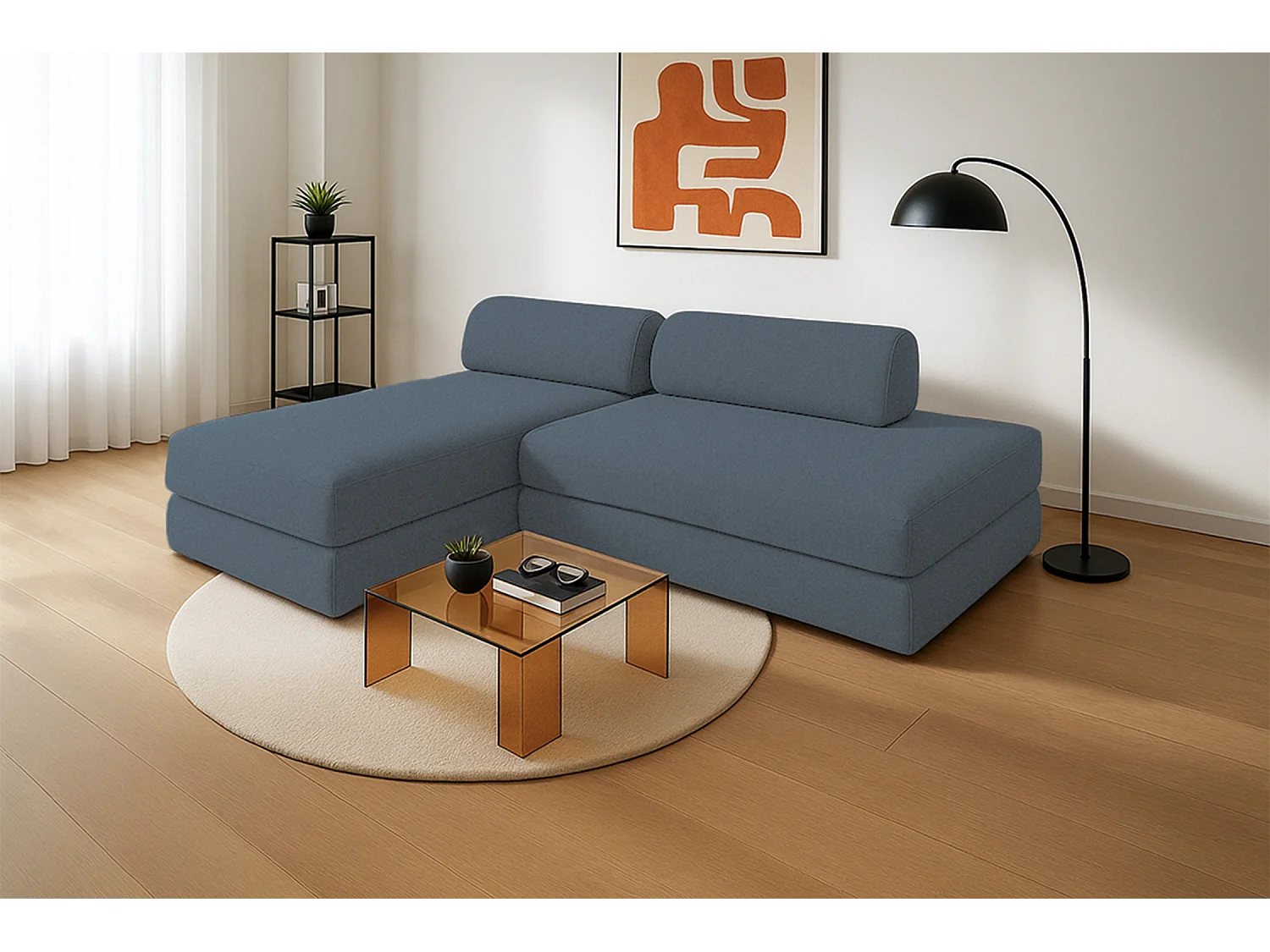 Canapé d'angle modulable et convertible 5 places - Tissu lisse - Bleu