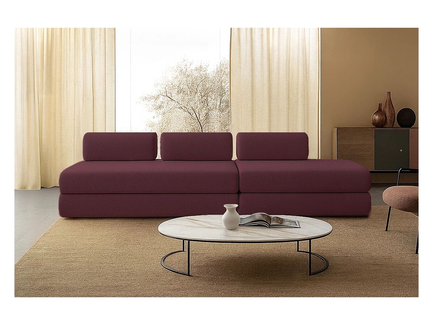 Canapé droit modulable et convertible 5 places - Tissu lisse - Rouge