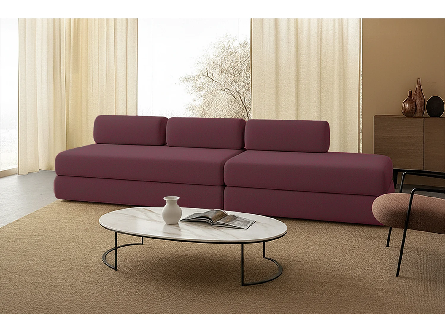 Canapé droit modulable et convertible 5 places - Tissu lisse - Rouge