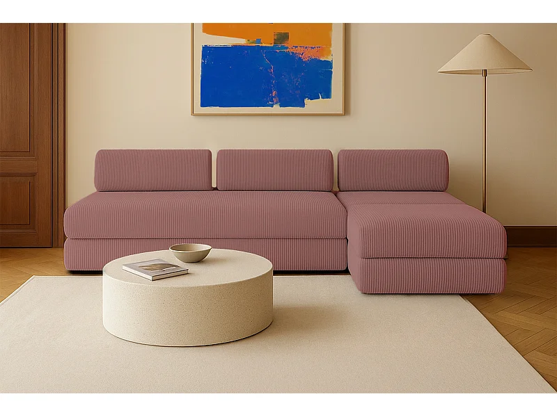 Canapé d'angle modulable et convertible 6 places - Velours côtelé - Rose