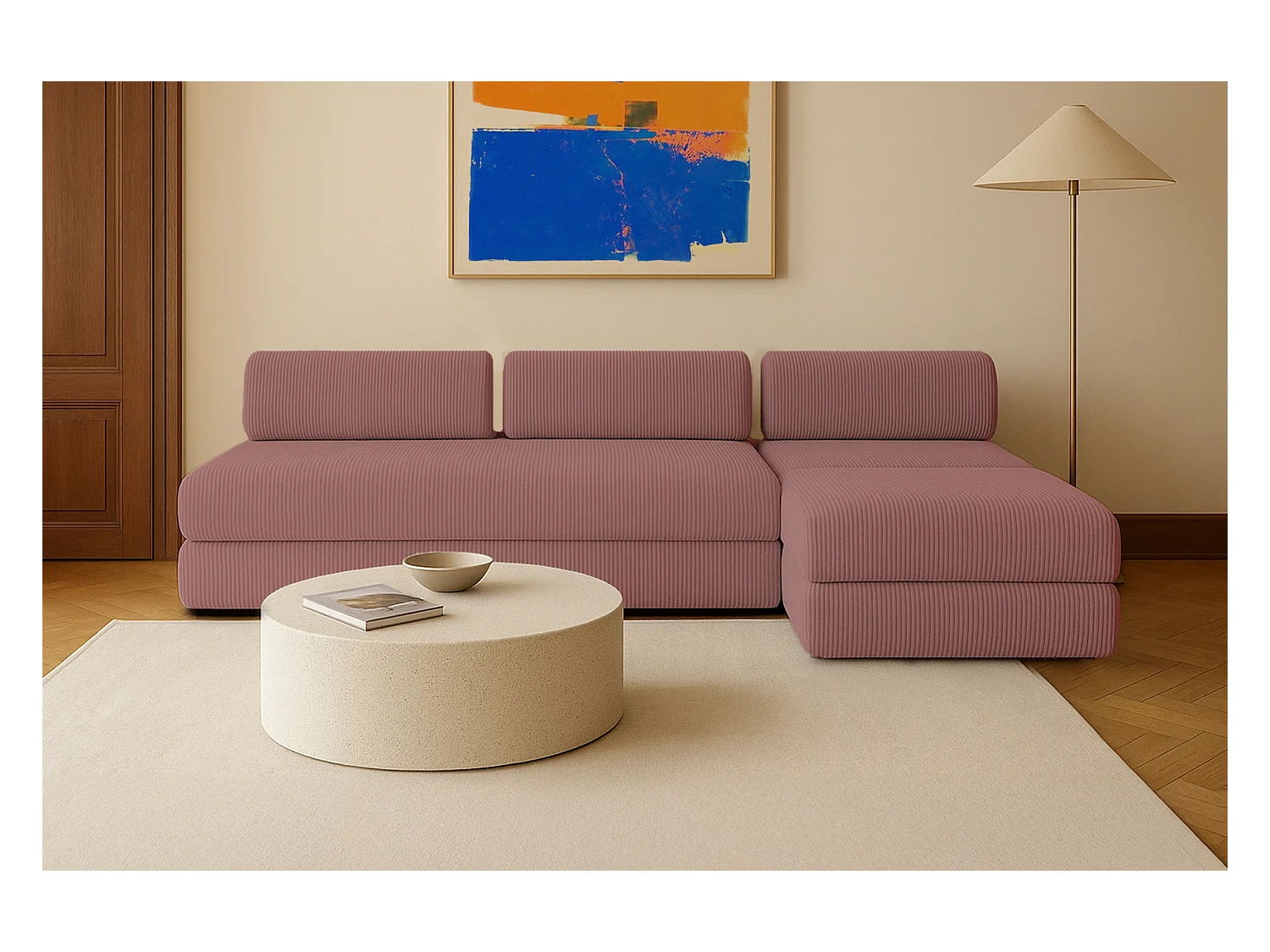 Canapé d'angle modulable et convertible 6 places - Velours côtelé - Rose